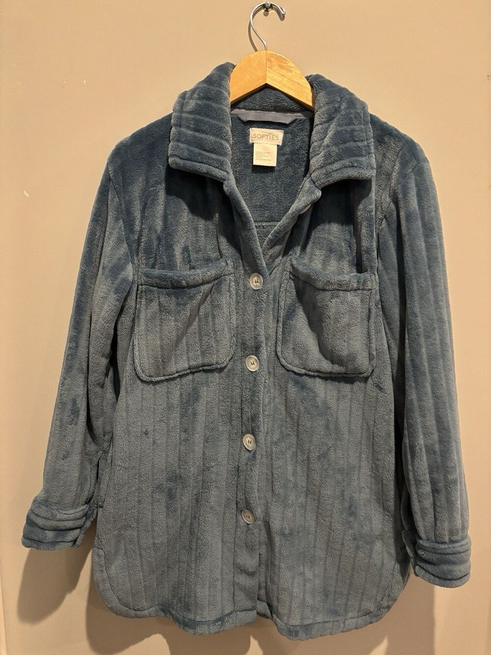 Softies Women's Blue Fleece Button-Front Collared Robe Jacket w/ Pockets M - Picture 6 of 10